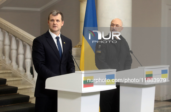 Prime Minister of Ukraine Denys Shmyhal and Prime Minister of the Republic of Lithuania Gintautas Paluckas attend a joint news conference in...