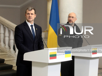 Prime Minister of Ukraine Denys Shmyhal and Prime Minister of the Republic of Lithuania Gintautas Paluckas attend a joint news conference in...