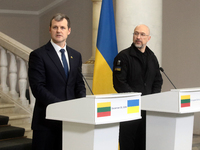 Prime Minister of Ukraine Denys Shmyhal and Prime Minister of the Republic of Lithuania Gintautas Paluckas attend a joint news conference in...