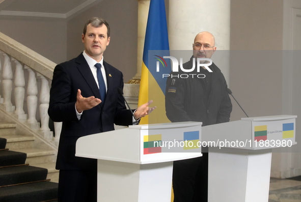 Prime Minister of Ukraine Denys Shmyhal and Prime Minister of the Republic of Lithuania Gintautas Paluckas attend a joint news conference in...