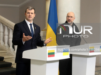 Prime Minister of Ukraine Denys Shmyhal and Prime Minister of the Republic of Lithuania Gintautas Paluckas attend a joint news conference in...