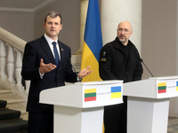 Prime Minister of Ukraine Denys Shmyhal and Prime Minister of the Republic of Lithuania Gintautas Paluckas attend a joint news conference in...