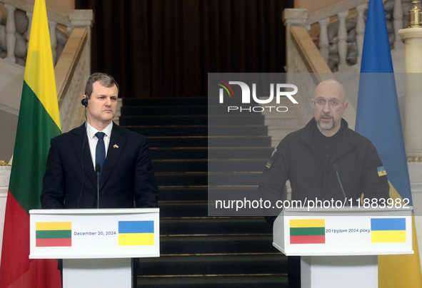 Prime Minister of Ukraine Denys Shmyhal and Prime Minister of the Republic of Lithuania Gintautas Paluckas attend a joint news conference in...