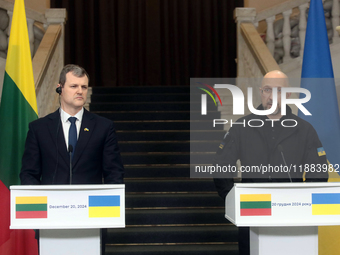 Prime Minister of Ukraine Denys Shmyhal and Prime Minister of the Republic of Lithuania Gintautas Paluckas attend a joint news conference in...