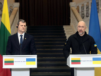 Prime Minister of Ukraine Denys Shmyhal and Prime Minister of the Republic of Lithuania Gintautas Paluckas attend a joint news conference in...