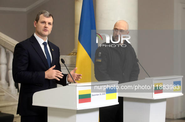 Prime Minister of Ukraine Denys Shmyhal and Prime Minister of the Republic of Lithuania Gintautas Paluckas attend a joint news conference in...