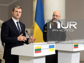 Prime Minister of Ukraine Denys Shmyhal and Prime Minister of the Republic of Lithuania Gintautas Paluckas attend a joint news conference in...