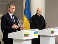 Prime Minister of Ukraine Denys Shmyhal and Prime Minister of the Republic of Lithuania Gintautas Paluckas attend a joint news conference in...