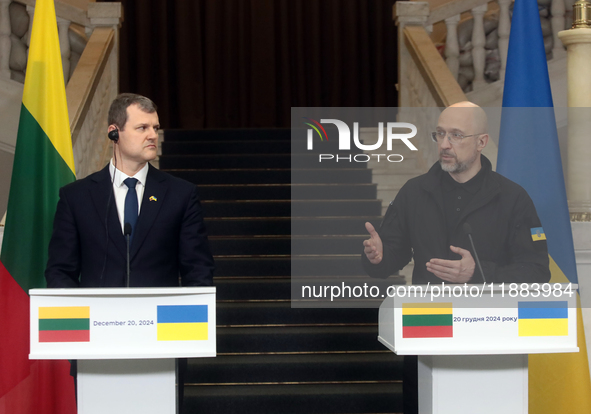 Prime Minister of Ukraine Denys Shmyhal and Prime Minister of the Republic of Lithuania Gintautas Paluckas attend a joint news conference in...