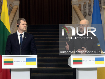 Prime Minister of Ukraine Denys Shmyhal and Prime Minister of the Republic of Lithuania Gintautas Paluckas attend a joint news conference in...