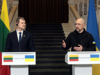 Prime Minister of Ukraine Denys Shmyhal and Prime Minister of the Republic of Lithuania Gintautas Paluckas attend a joint news conference in...