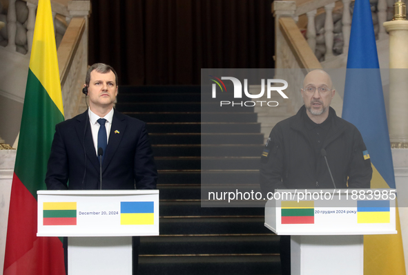 Prime Minister of Ukraine Denys Shmyhal and Prime Minister of the Republic of Lithuania Gintautas Paluckas attend a joint news conference in...