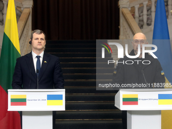 Prime Minister of Ukraine Denys Shmyhal and Prime Minister of the Republic of Lithuania Gintautas Paluckas attend a joint news conference in...