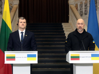 Prime Minister of Ukraine Denys Shmyhal and Prime Minister of the Republic of Lithuania Gintautas Paluckas attend a joint news conference in...