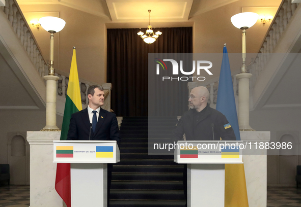 Prime Minister of Ukraine Denys Shmyhal and Prime Minister of the Republic of Lithuania Gintautas Paluckas attend a joint news conference in...