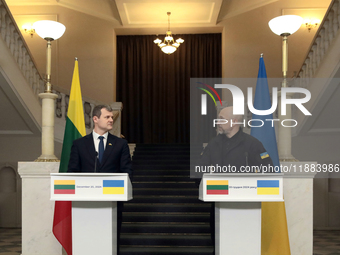 Prime Minister of Ukraine Denys Shmyhal and Prime Minister of the Republic of Lithuania Gintautas Paluckas attend a joint news conference in...