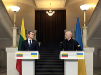 Prime Minister of Ukraine Denys Shmyhal and Prime Minister of the Republic of Lithuania Gintautas Paluckas attend a joint news conference in...