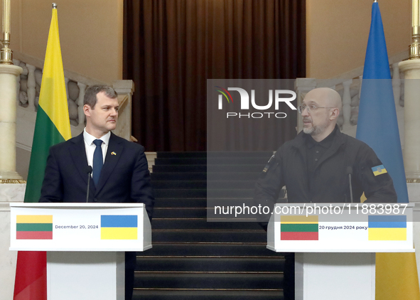 Prime Minister of Ukraine Denys Shmyhal and Prime Minister of the Republic of Lithuania Gintautas Paluckas attend a joint news conference in...