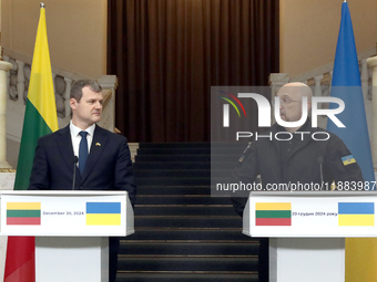 Prime Minister of Ukraine Denys Shmyhal and Prime Minister of the Republic of Lithuania Gintautas Paluckas attend a joint news conference in...