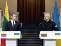 Prime Minister of Ukraine Denys Shmyhal and Prime Minister of the Republic of Lithuania Gintautas Paluckas attend a joint news conference in...