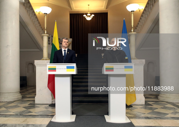 Prime Minister of Ukraine Denys Shmyhal and Prime Minister of the Republic of Lithuania Gintautas Paluckas attend a joint news conference in...