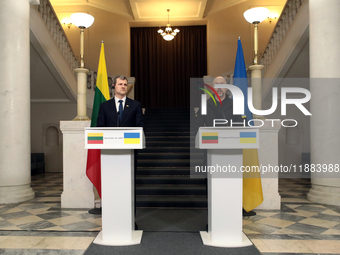 Prime Minister of Ukraine Denys Shmyhal and Prime Minister of the Republic of Lithuania Gintautas Paluckas attend a joint news conference in...