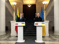 Prime Minister of Ukraine Denys Shmyhal and Prime Minister of the Republic of Lithuania Gintautas Paluckas attend a joint news conference in...