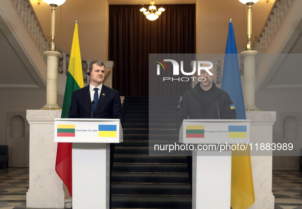 Prime Minister of Ukraine Denys Shmyhal and Prime Minister of the Republic of Lithuania Gintautas Paluckas attend a joint news conference in...