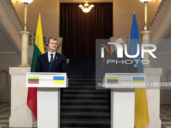 Prime Minister of Ukraine Denys Shmyhal and Prime Minister of the Republic of Lithuania Gintautas Paluckas attend a joint news conference in...