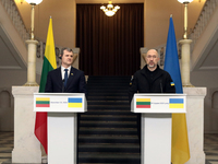 Prime Minister of Ukraine Denys Shmyhal and Prime Minister of the Republic of Lithuania Gintautas Paluckas attend a joint news conference in...