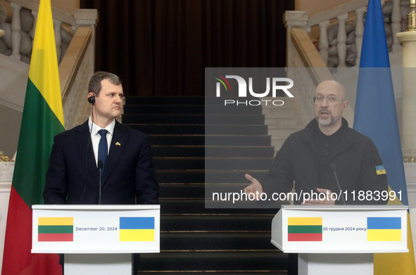 Prime Minister of Ukraine Denys Shmyhal and Prime Minister of the Republic of Lithuania Gintautas Paluckas attend a joint news conference in...