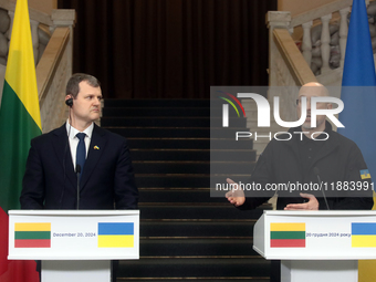 Prime Minister of Ukraine Denys Shmyhal and Prime Minister of the Republic of Lithuania Gintautas Paluckas attend a joint news conference in...