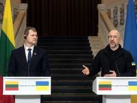 Prime Minister of Ukraine Denys Shmyhal and Prime Minister of the Republic of Lithuania Gintautas Paluckas attend a joint news conference in...