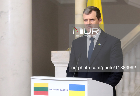 Prime Minister of the Republic of Lithuania Gintautas Paluckas attends a joint news conference with Prime Minister of Ukraine Denys Shmyhal...