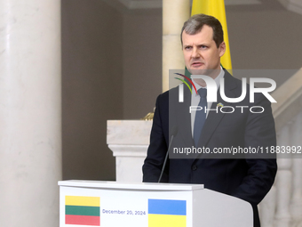 Prime Minister of the Republic of Lithuania Gintautas Paluckas attends a joint news conference with Prime Minister of Ukraine Denys Shmyhal...