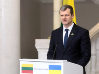 Prime Minister of the Republic of Lithuania Gintautas Paluckas attends a joint news conference with Prime Minister of Ukraine Denys Shmyhal...