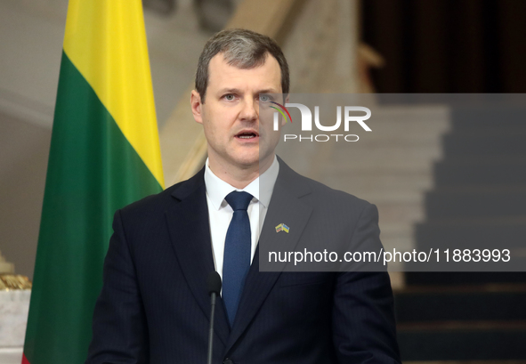 Prime Minister of the Republic of Lithuania Gintautas Paluckas attends a joint news conference with Prime Minister of Ukraine Denys Shmyhal...