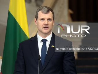 Prime Minister of the Republic of Lithuania Gintautas Paluckas attends a joint news conference with Prime Minister of Ukraine Denys Shmyhal...