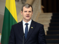 Prime Minister of the Republic of Lithuania Gintautas Paluckas attends a joint news conference with Prime Minister of Ukraine Denys Shmyhal...