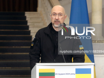 Prime Minister of Ukraine Denys Shmyhal attends a joint news conference with Prime Minister of the Republic of Lithuania Gintautas Paluckas...