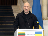 Prime Minister of Ukraine Denys Shmyhal attends a joint news conference with Prime Minister of the Republic of Lithuania Gintautas Paluckas...