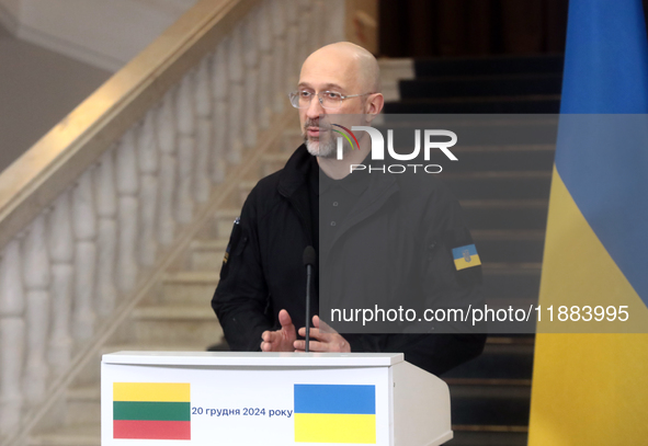 Prime Minister of Ukraine Denys Shmyhal attends a joint news conference with Prime Minister of the Republic of Lithuania Gintautas Paluckas...