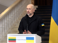 Prime Minister of Ukraine Denys Shmyhal attends a joint news conference with Prime Minister of the Republic of Lithuania Gintautas Paluckas...