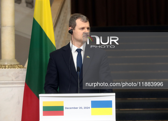 Prime Minister of the Republic of Lithuania Gintautas Paluckas attends a joint news conference with Prime Minister of Ukraine Denys Shmyhal...