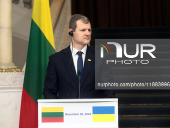 Prime Minister of the Republic of Lithuania Gintautas Paluckas attends a joint news conference with Prime Minister of Ukraine Denys Shmyhal...