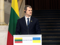 Prime Minister of the Republic of Lithuania Gintautas Paluckas attends a joint news conference with Prime Minister of Ukraine Denys Shmyhal...