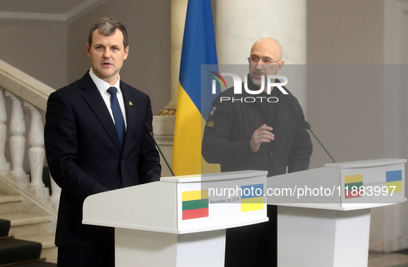 Prime Minister of Ukraine Denys Shmyhal and Prime Minister of the Republic of Lithuania Gintautas Paluckas attend a joint news conference in...