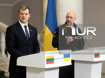 Prime Minister of Ukraine Denys Shmyhal and Prime Minister of the Republic of Lithuania Gintautas Paluckas attend a joint news conference in...