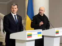 Prime Minister of Ukraine Denys Shmyhal and Prime Minister of the Republic of Lithuania Gintautas Paluckas attend a joint news conference in...