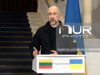 Prime Minister of Ukraine Denys Shmyhal attends a joint news conference with Prime Minister of the Republic of Lithuania Gintautas Paluckas...